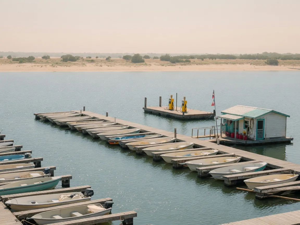 Fiberglass boats moored at a bright, calm Lake Texoma marina near Pottsboro