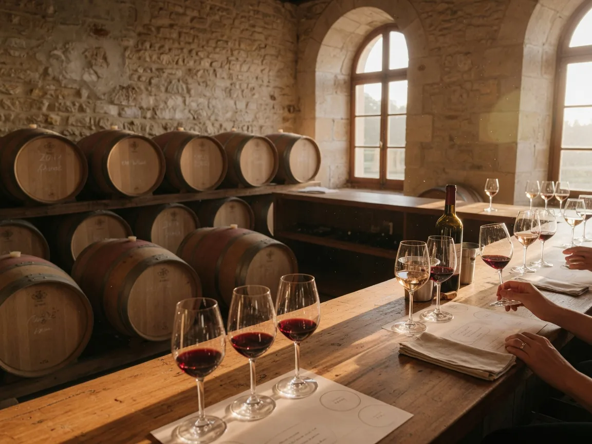 Wine tasting experience at Chateau Elan Winery with stemmed glasses at a wooden bar in a stone cellar setting