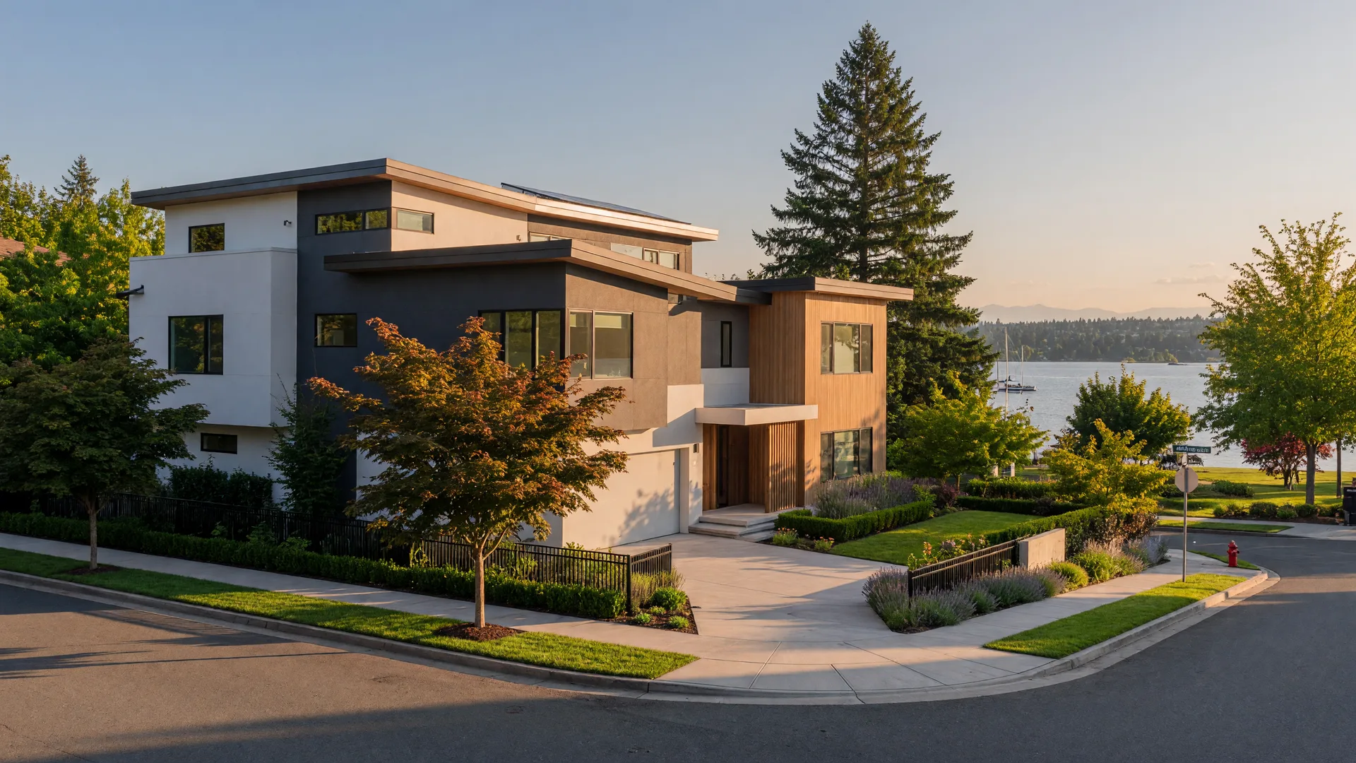 Modern corner-lot home in Kennydale, Renton with clean architectural lines and landscaped front yard