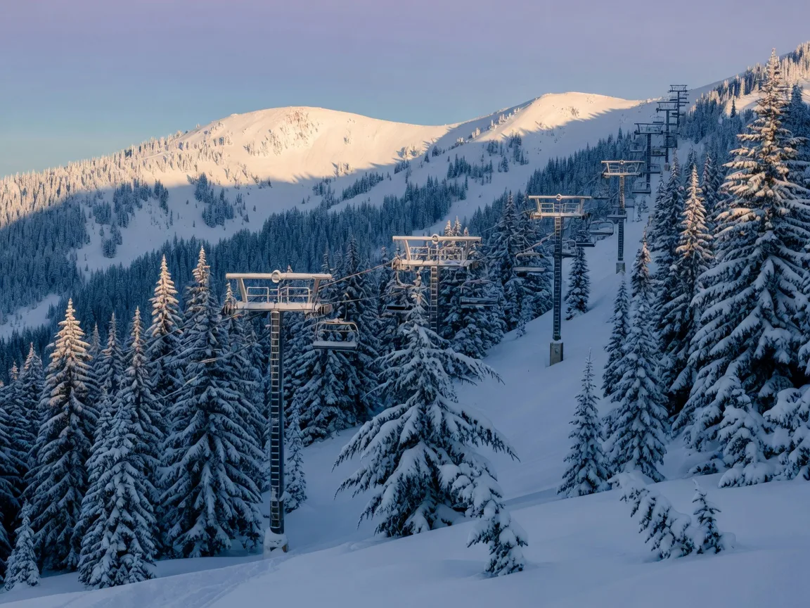 Chairlift towers rising over snow-laden fir trees at a Cascade ski area in first light