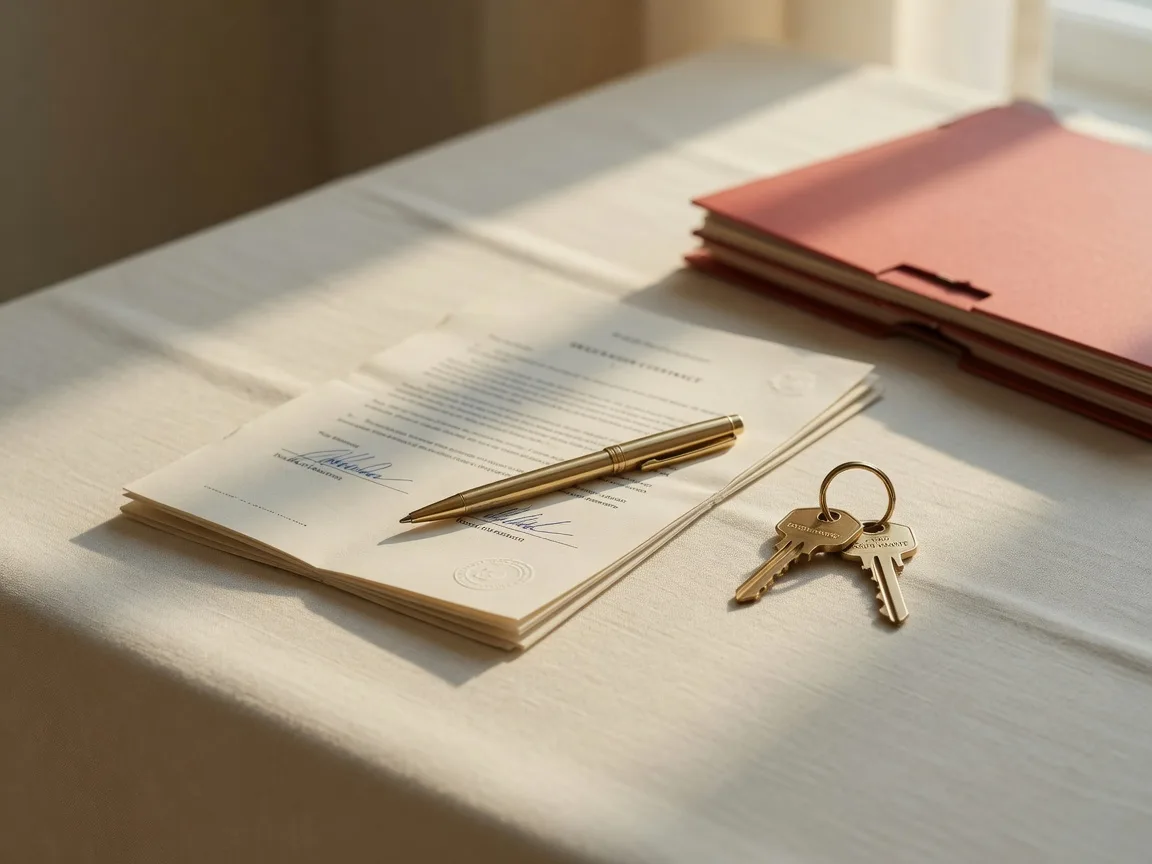 A signed purchase contract with a gold pen and two brass house keys on a wooden closing table in warm light