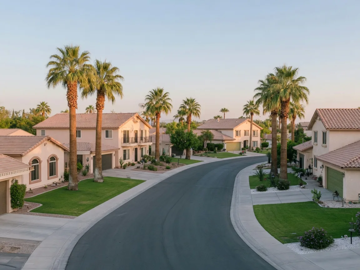 Classic stucco homes with lawns and palm trees in Green Valley, Henderson Nevada