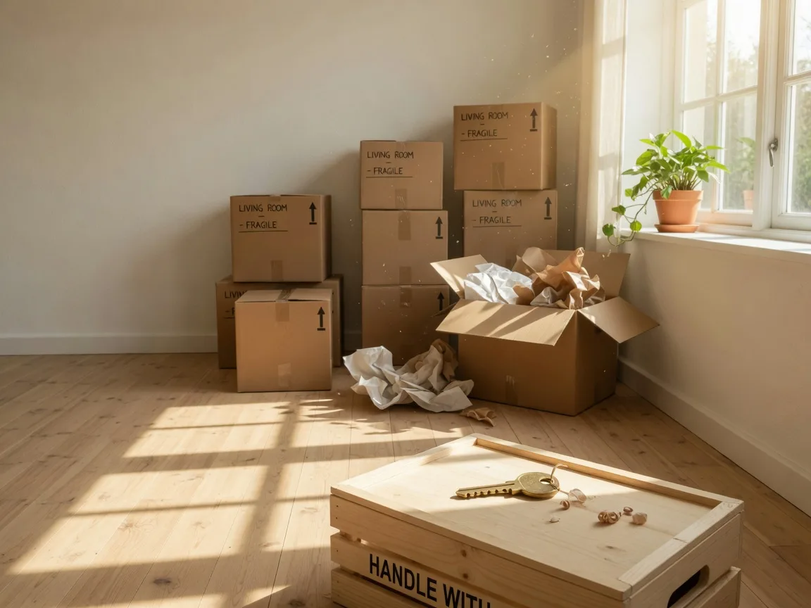 Stacks of brown moving boxes in a sunny new living room with a brass house key on a wooden crate