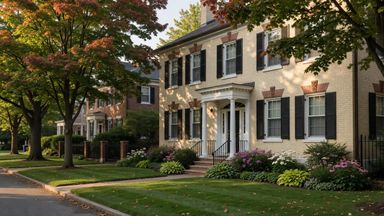 Historic Colonial homes on a tree-lined street in Media, Pennsylvania