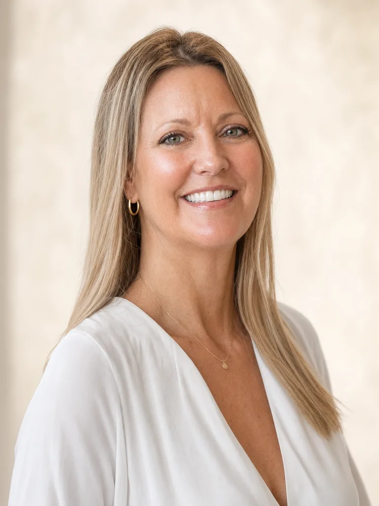 Lani Arms, broker with Happy Valley Home Team, in a white top with long blonde hair