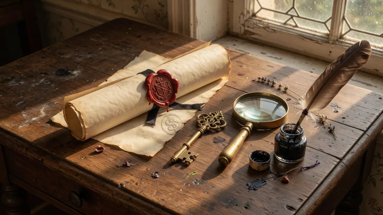 Rolled parchment deed with red seal, old brass key, and magnifying glass on an antique wooden desk