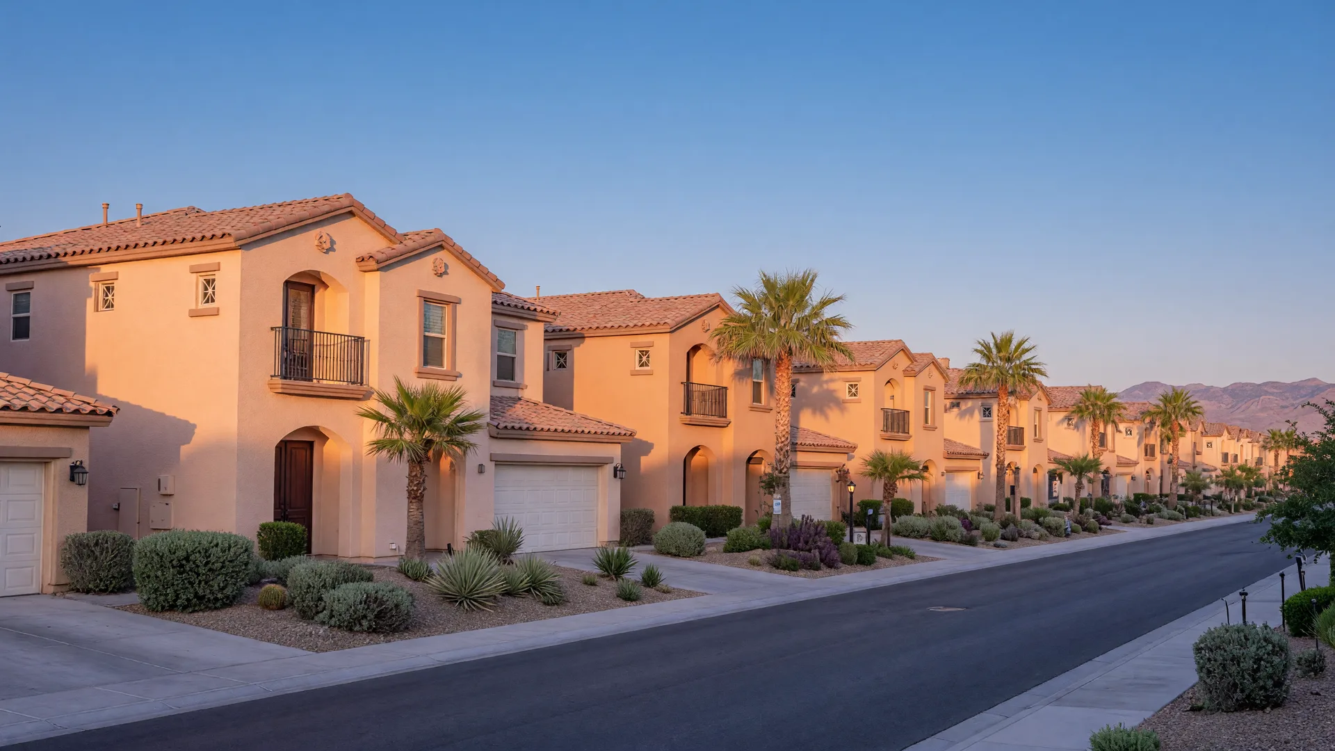 Row of two-story Mediterranean-style stucco homes with tile roofs in a Summerlin master-planned community at late afternoon