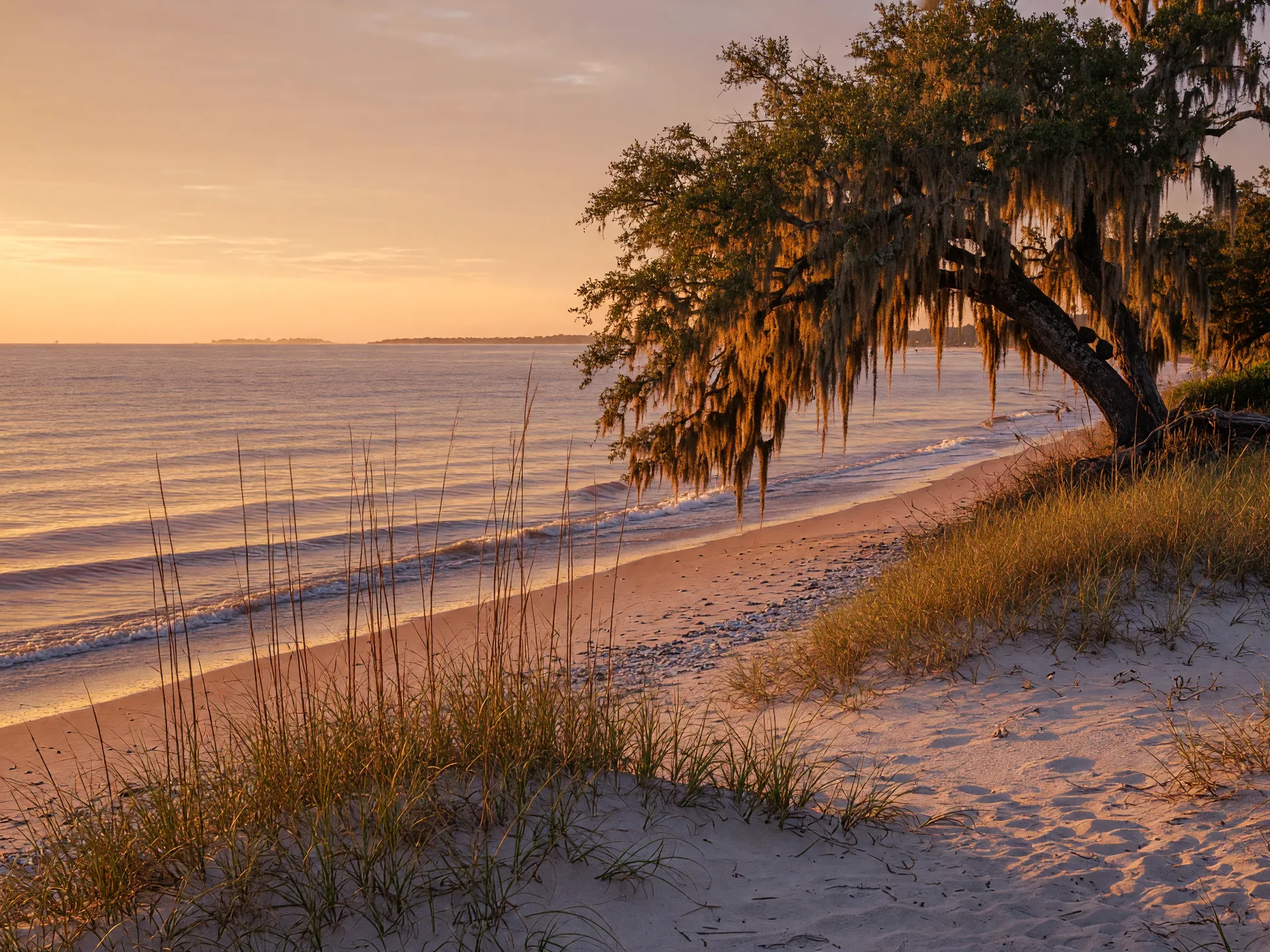 A quiet Mississippi Gulf Coast beach in October at golden hour, with sea oats and sand dunes in the foreground and a live oak draped in Spanish moss leaning over the shoreline