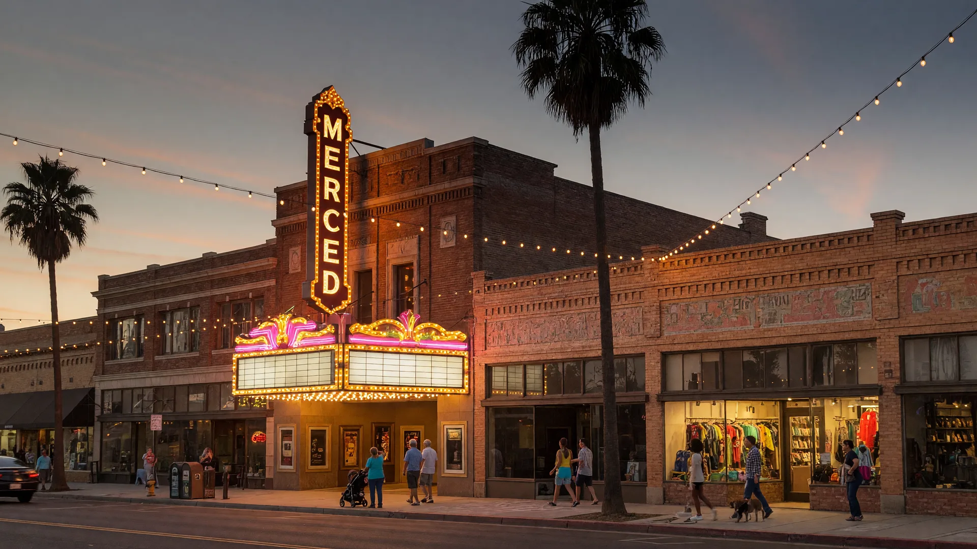 Downtown Merced Main Street at dusk with the historic Merced Theatre marquee glowing, palm trees silhouetted, string lights, and evening pedestrians
