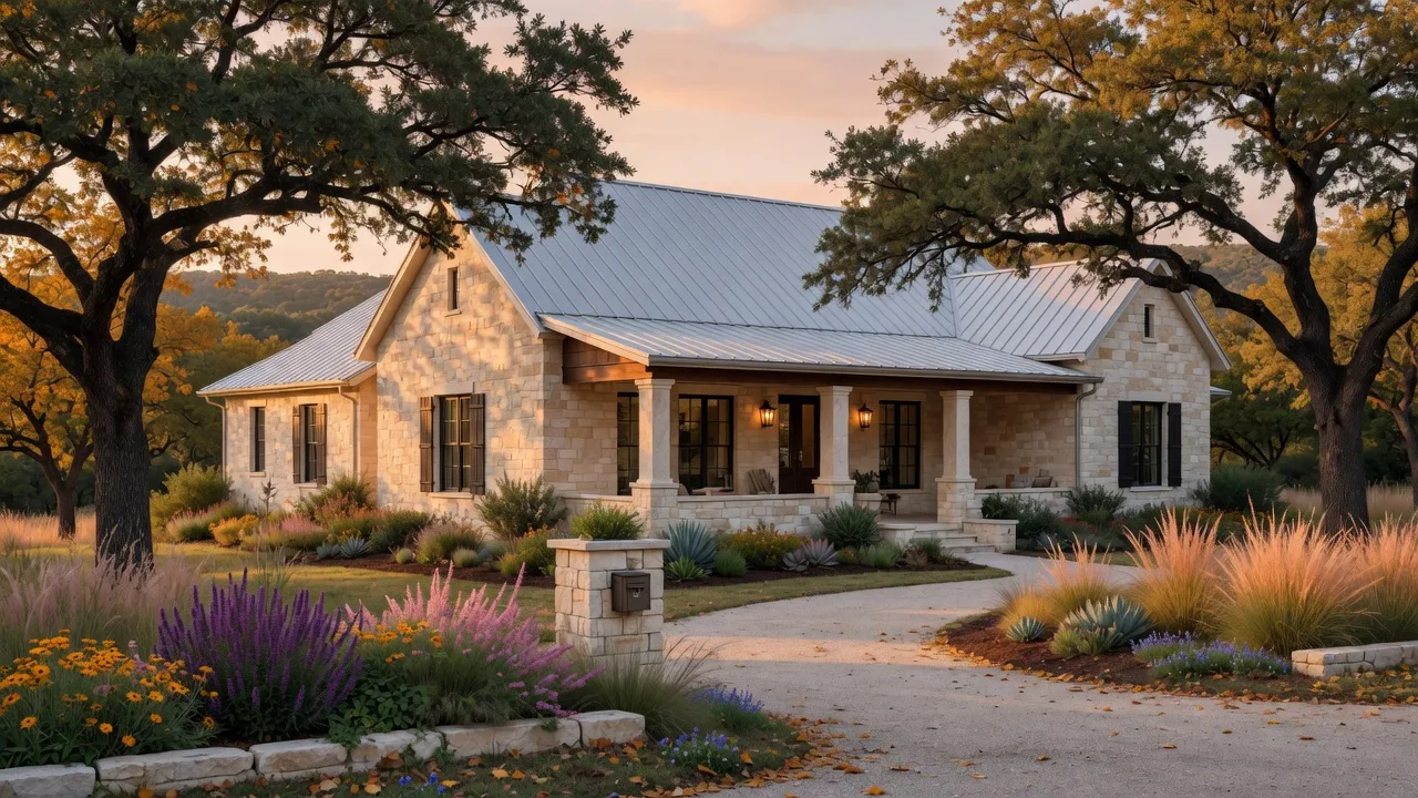 A Texas Hill Country home with limestone walls and a metal roof in autumn light