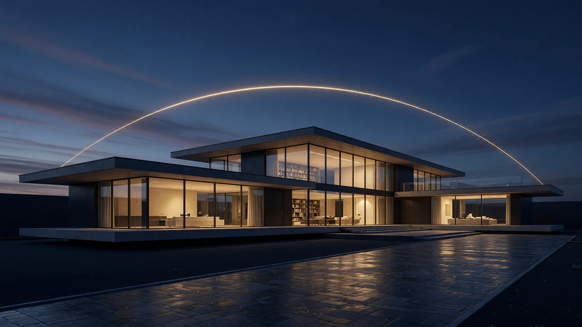 Modern home at blue hour with warm golden window light and a subtle arc of gold light above the roofline
