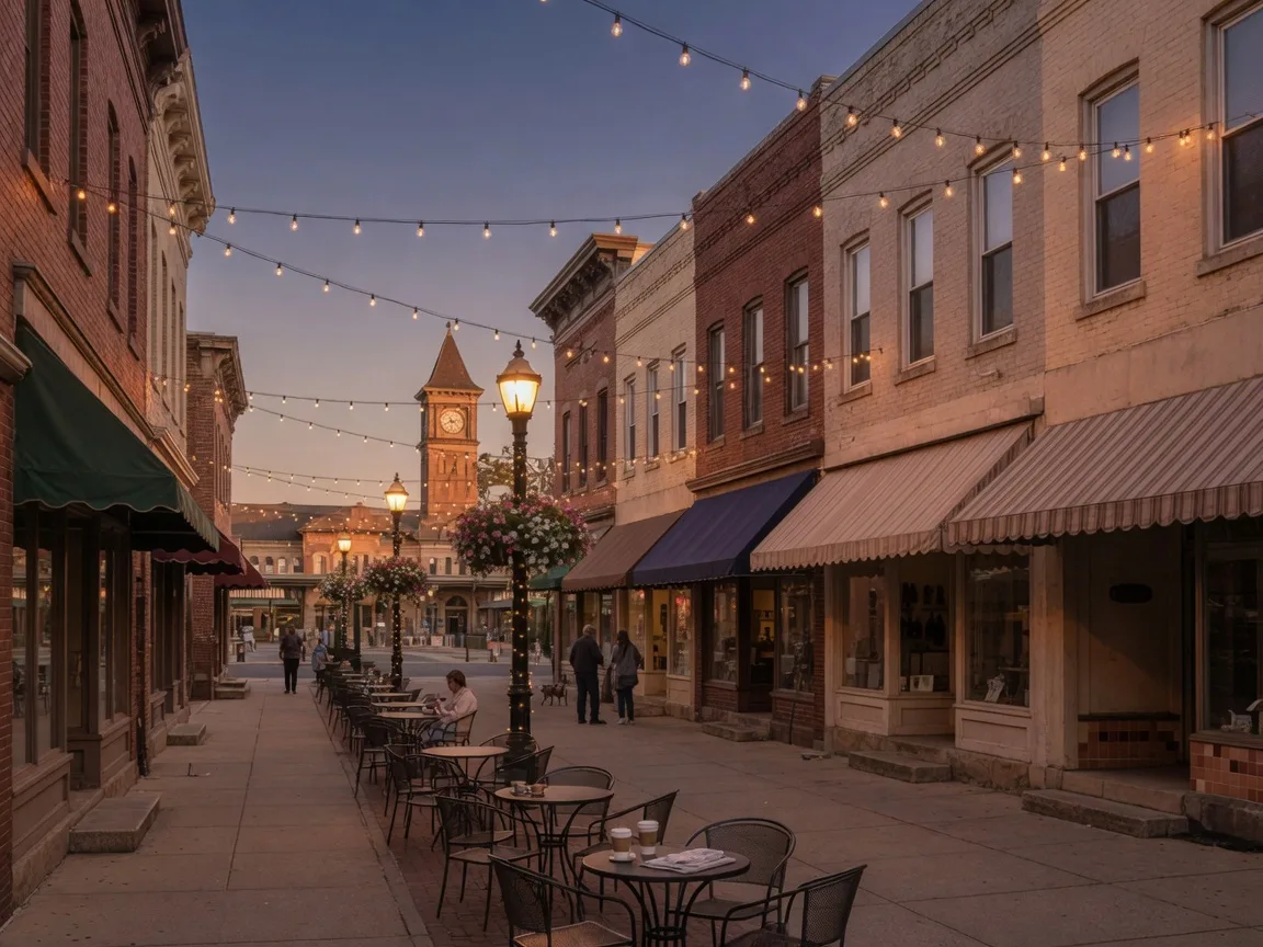 Downtown Broad Street in Bloomfield Center NJ in golden evening light with brick storefronts, awnings, café tables,and string lights along a thriving walkable main street
