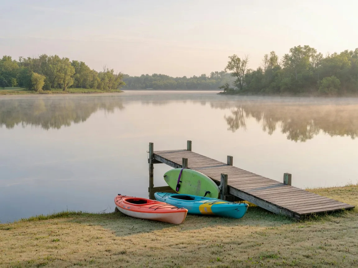 A calm Ohio lake at morning with a wooden dock and kayaks on the bank
