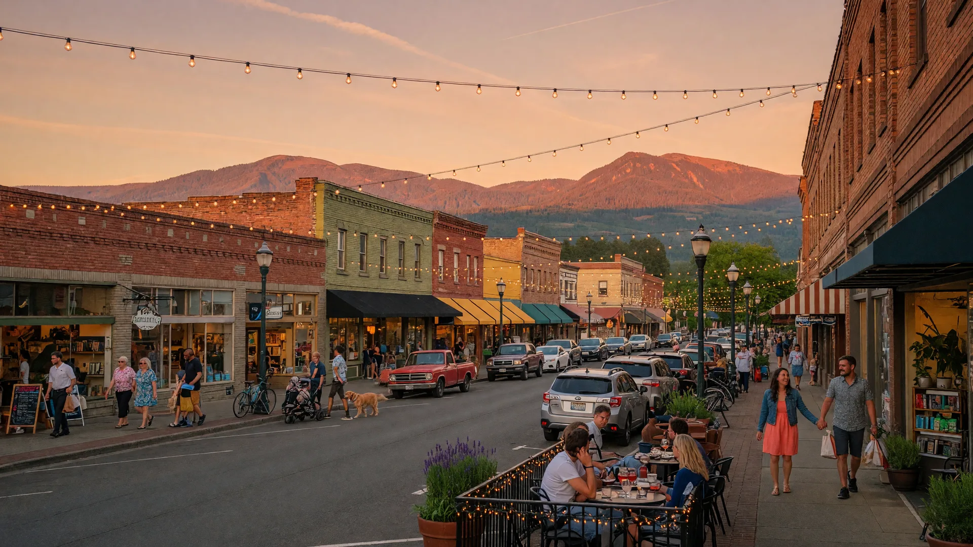 Downtown Medford, Oregon on a warm summer evening with string lights, local shops, and mountain views