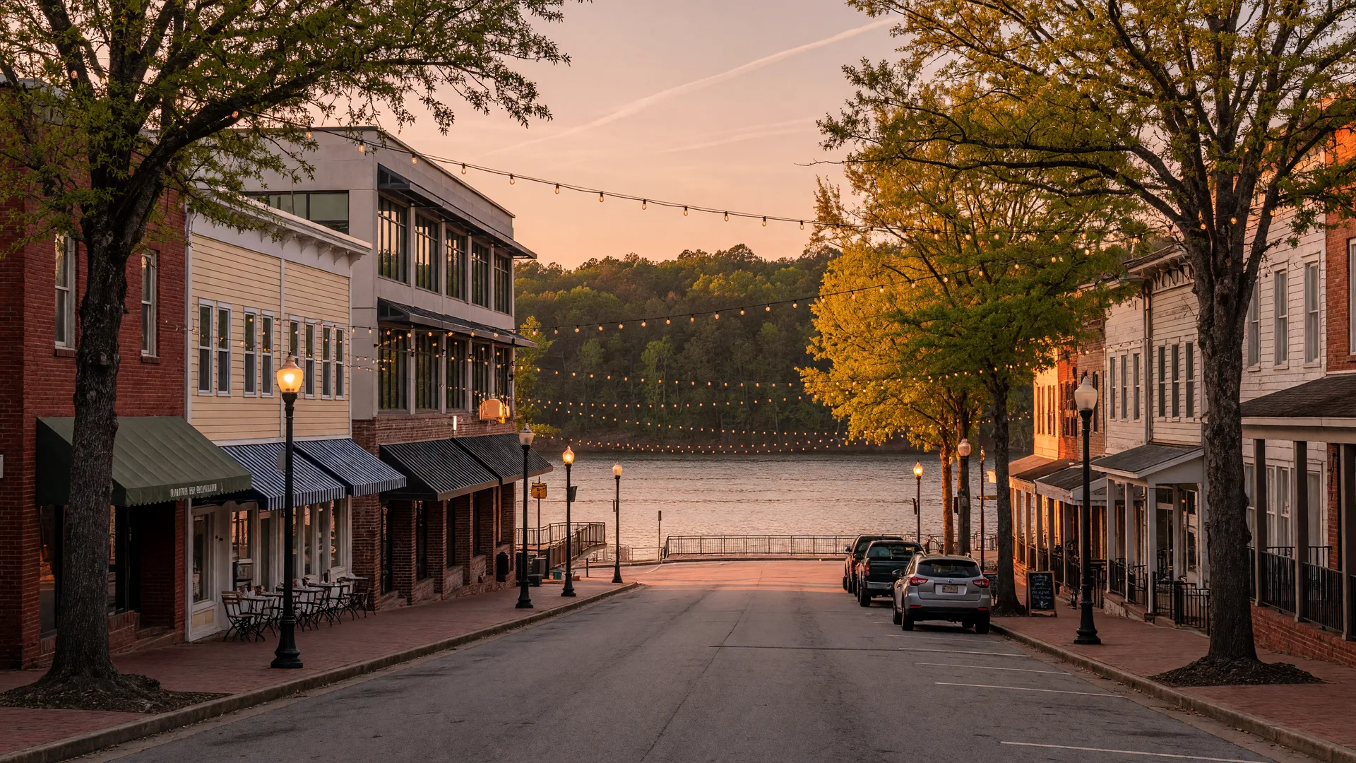 A walkable Georgia river village main street at golden hour with oak trees, brick and clapboard shopfronts, café tables, string lights, and the Chattahoochee River glimpsed at the end of the street