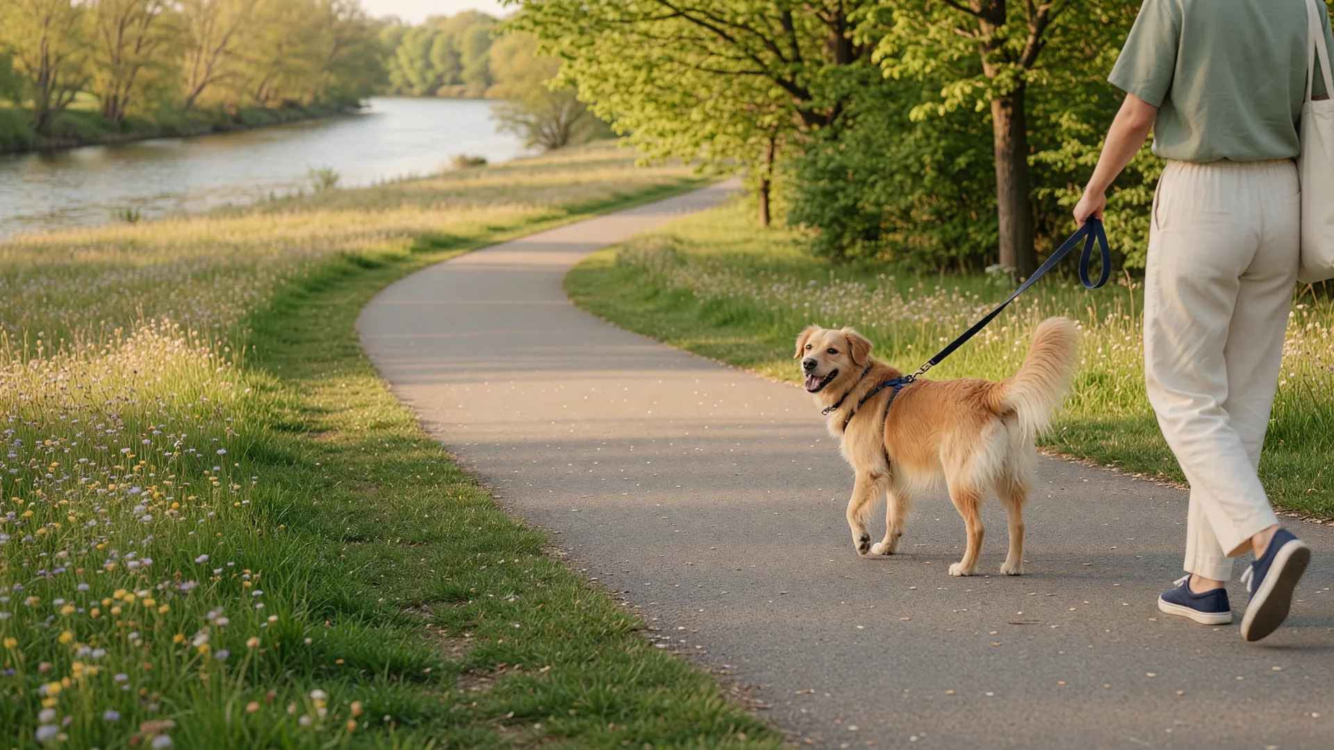 Person walking a dog on a paved trail through a green park.