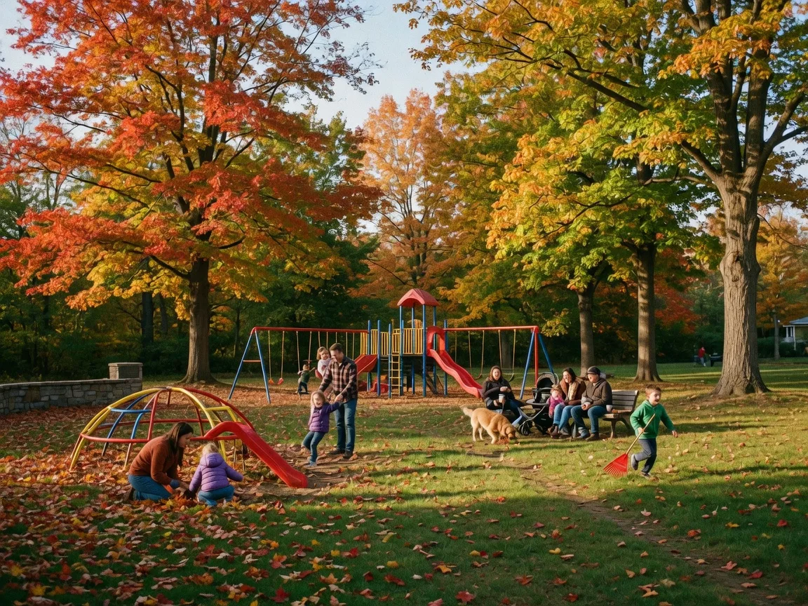 A community park playground in Lafayette Hill, Pennsylvania in autumn