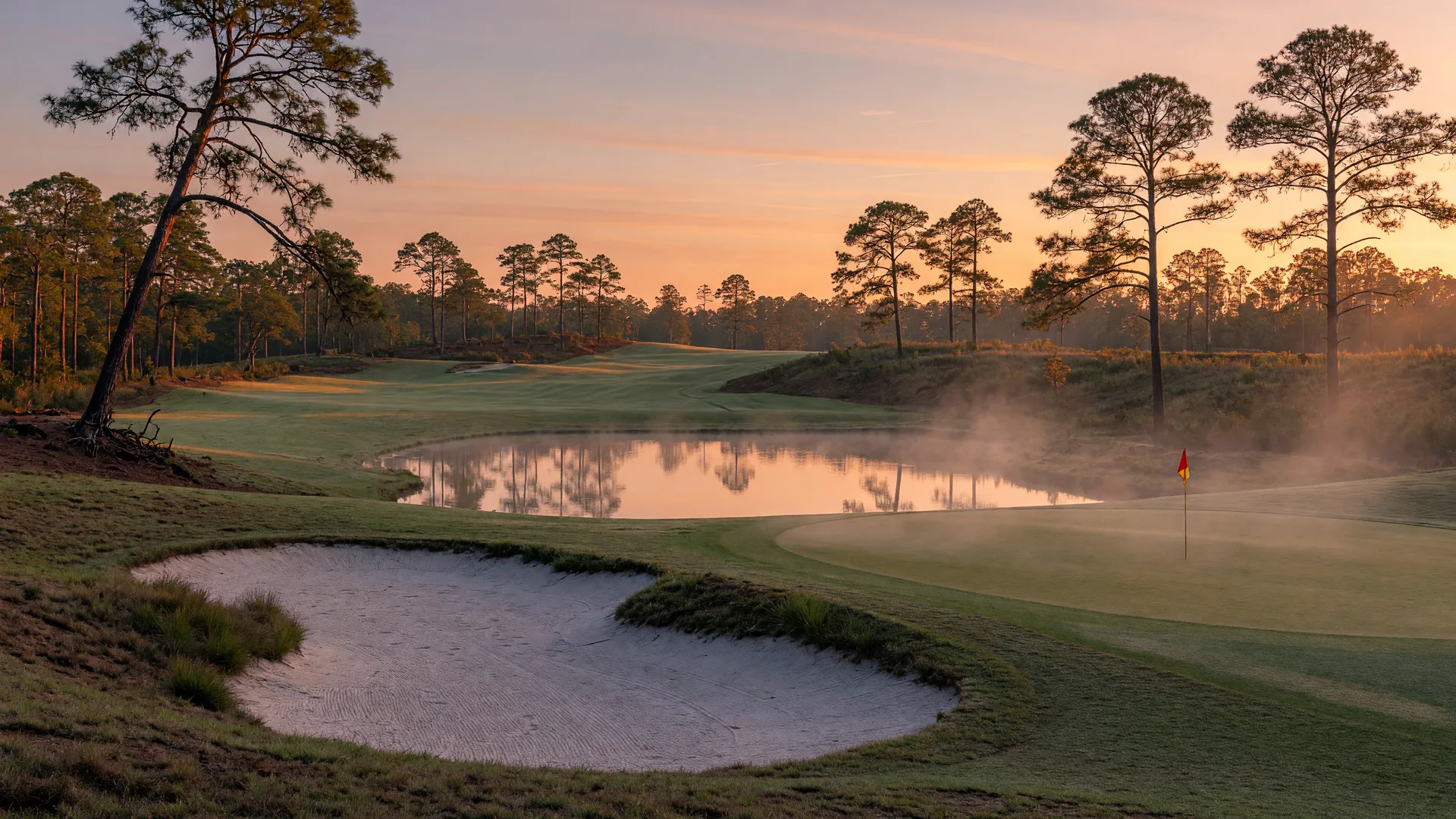 A golf fairway with a pond reflecting sunrise, framed by longleaf pines