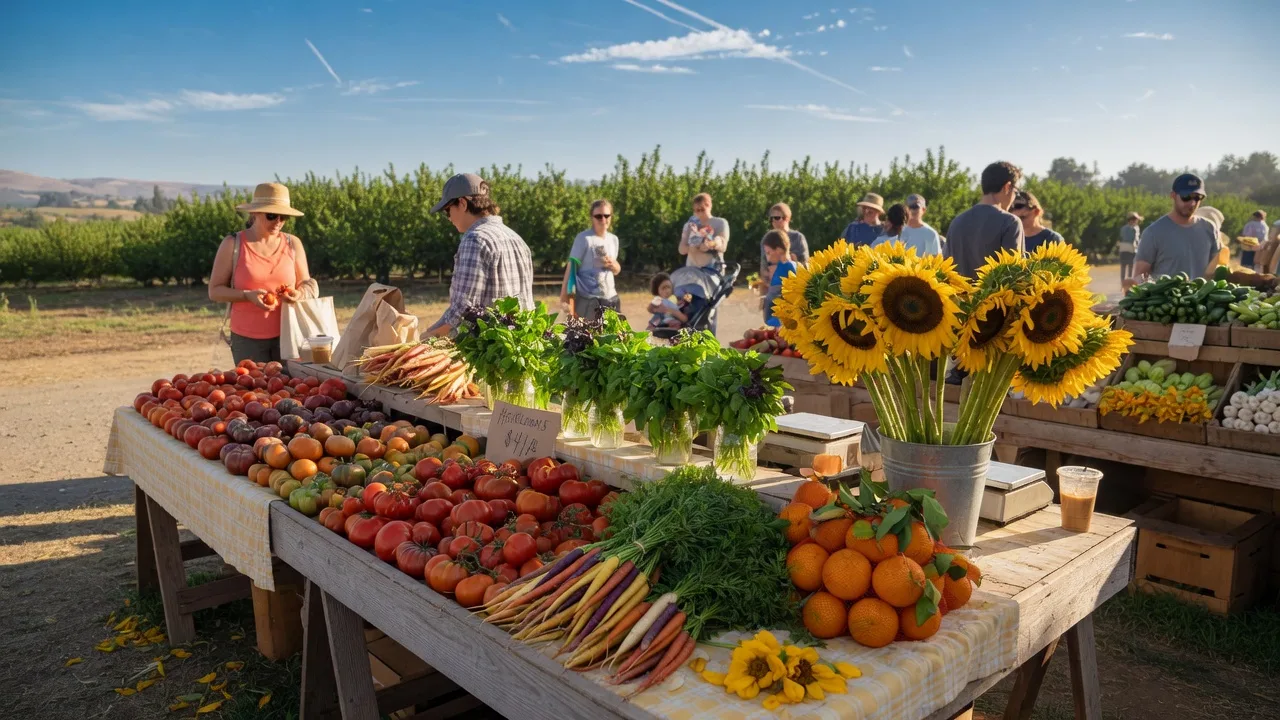 Vibrant farmers market in Northern California's Central Valley with wooden stalls of fresh seasonal produce