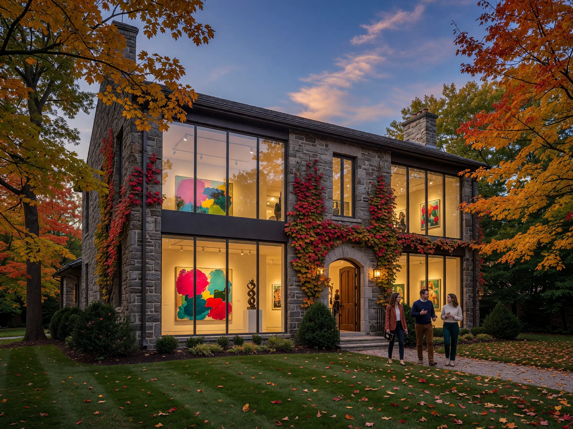 The stone facade of Alverthorpe Manor at the Abington Art Center in Jenkintown, with fall foliage and warm gallery lights glowing through tall windows on an early autumn evening