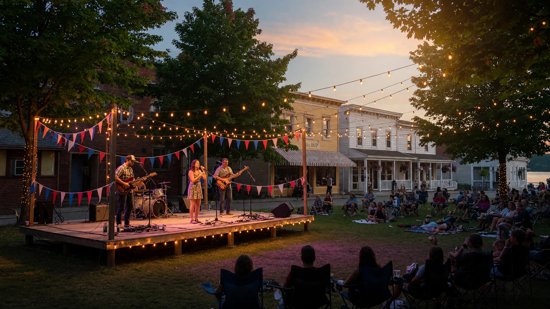 An outdoor live music festival stage in a small Ontario lake town at golden hour with a band performing under string lights and bunting, a crowd on lawn chairs on the grass and maples framing the scene