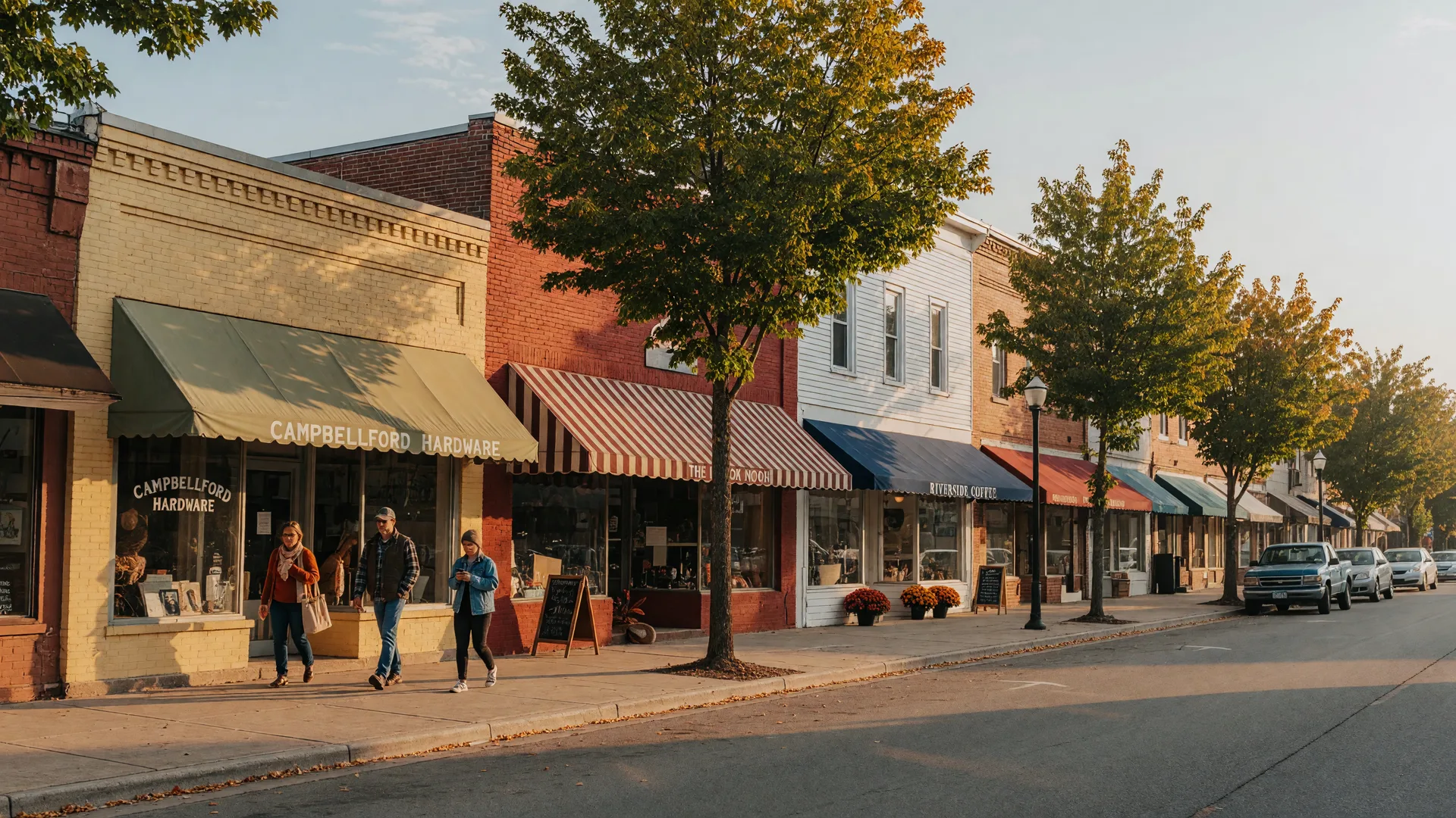 Downtown Campbellford main street on a late-September morning with independent shopfronts and early fall colour