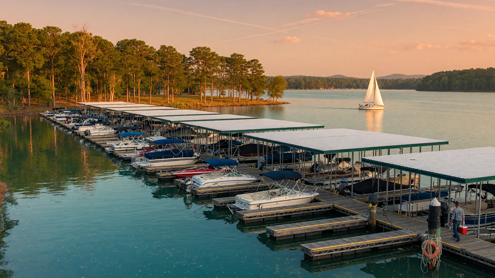 Rows of covered boat slips with boats docked along floating wooden walkways at a Lake Norman marina at golden hour, pine trees lining the shoreline in the background