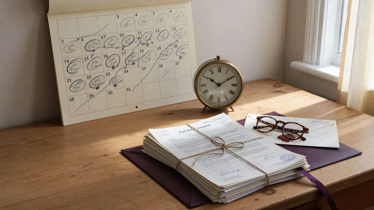 A wall calendar with circled dates, a mechanical clock, and estate documents, representing Maryland probate timelines and deadlines