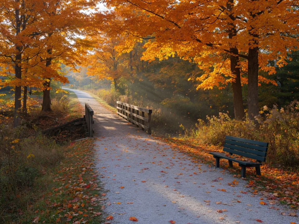 A tree-lined rail trail in Medina County on a bright autumn morning, orange leaves carpeting the path