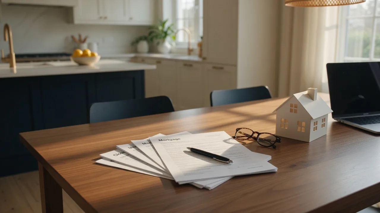 A tidy stack of mortgage documents, a pen and a small model house on a wooden table beside a laptop in soft window light