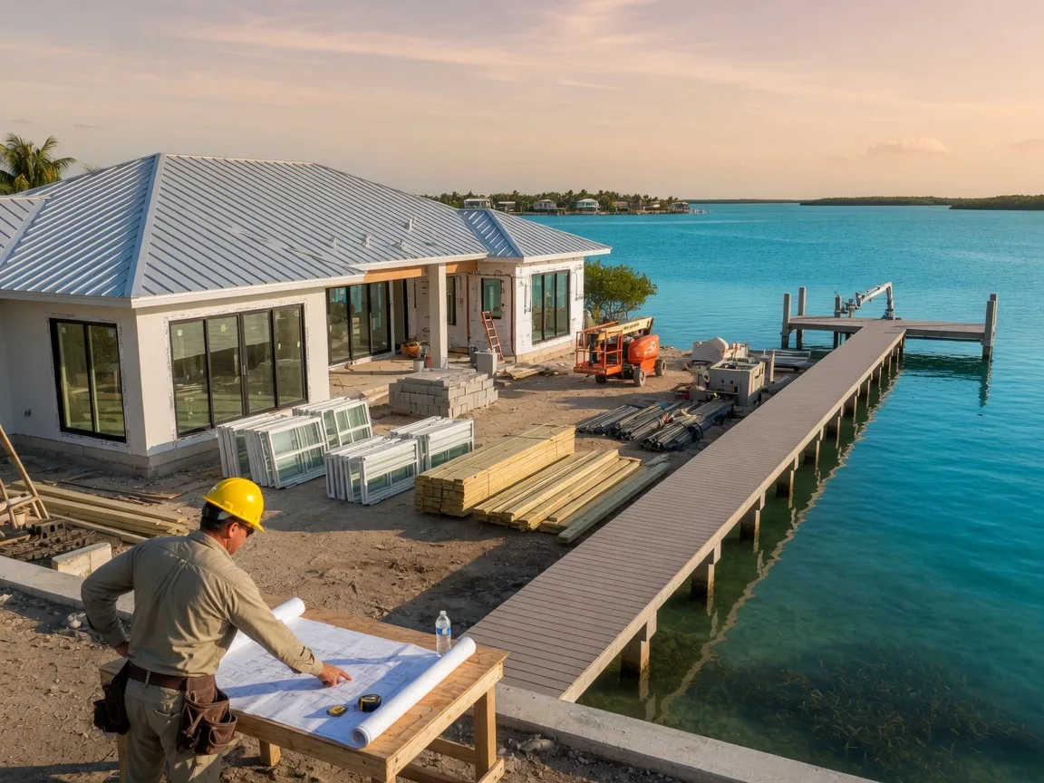 Contractor examining blueprints at a Florida Keys luxury waterfront renovation construction site, a modern coastal home being built with a new deep-water dock in the background, impact windows and metal roof visible, golden afternoon light