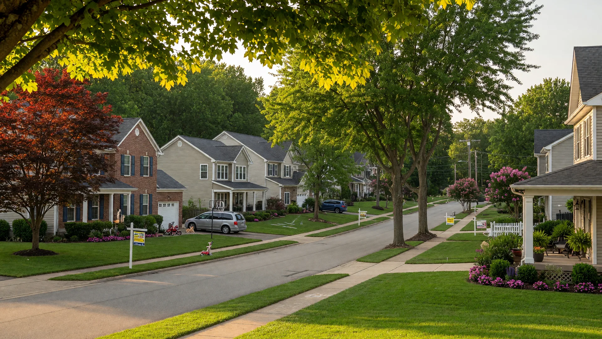 A well-maintained suburban residential street in Springboro Ohio featuring newer construction homes with manicured lawns on a bright summer afternoon