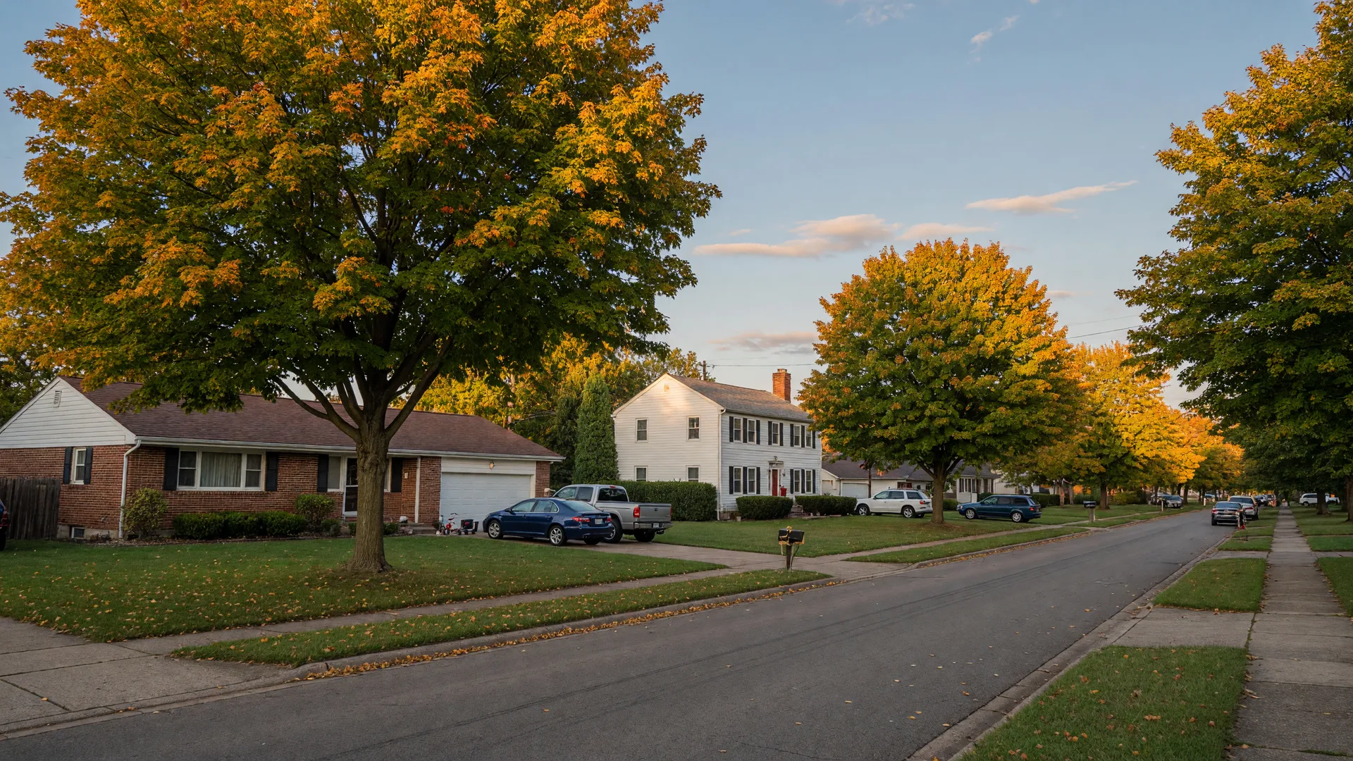 Tree-lined suburban Genesee County Michigan neighborhood with ranch and colonial homes and manicured lawns in early-autumn golden-hour light