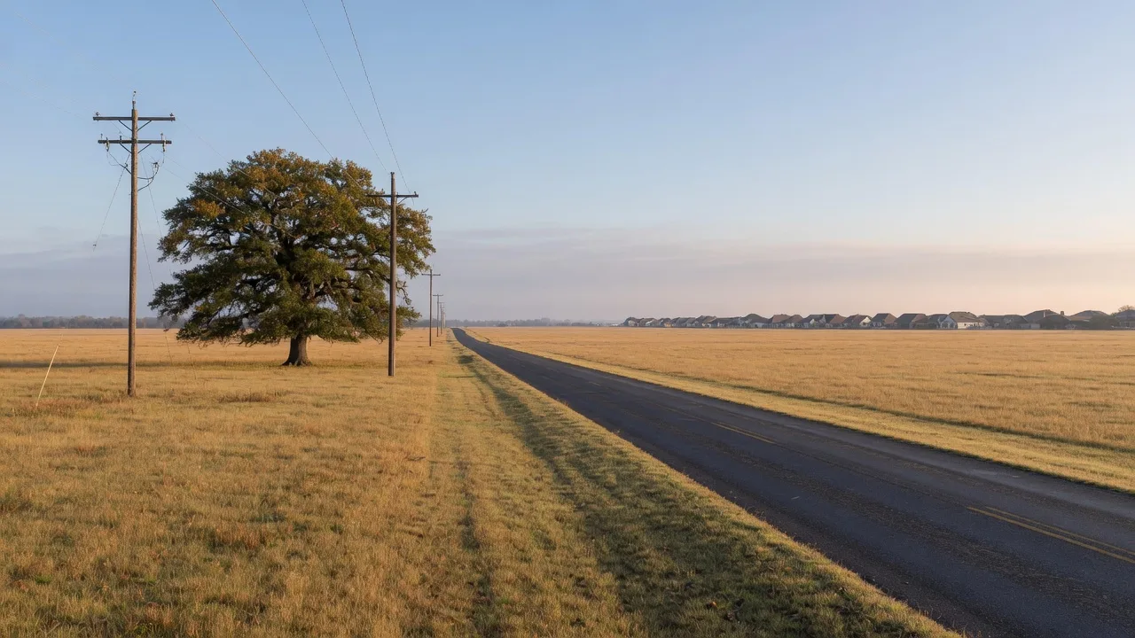 Expansive open farmland on the west side of Justin, Texas, with a rural road leading toward distant rooftops