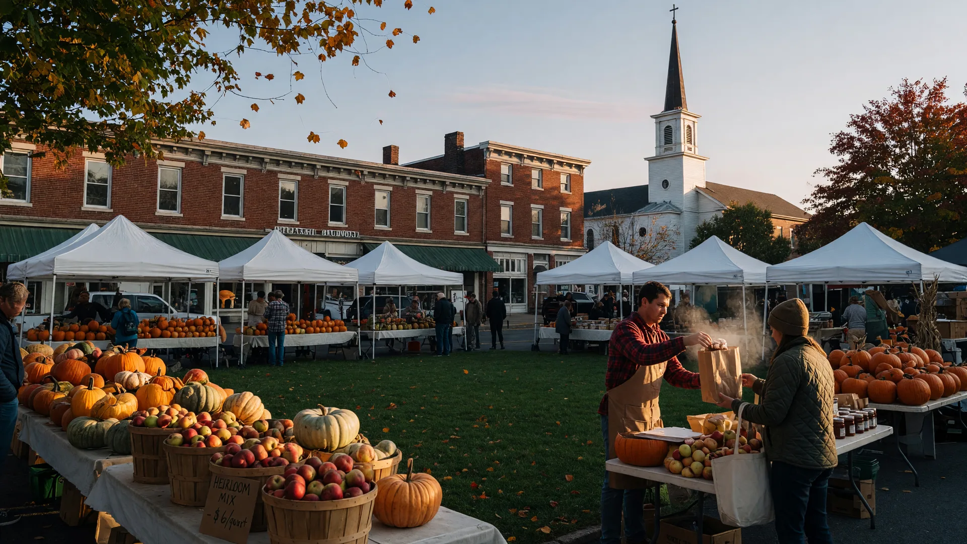 A small-town Pennsylvania farmers market circle on a crisp October morning, white stalls ringing the central green, bushels of heirloom apples, piles of pumpkins and mums in orange and gold, a vendor handing a paper bag of cider donuts to a customer, red-brick storefronts and a church steeple behind, golden light