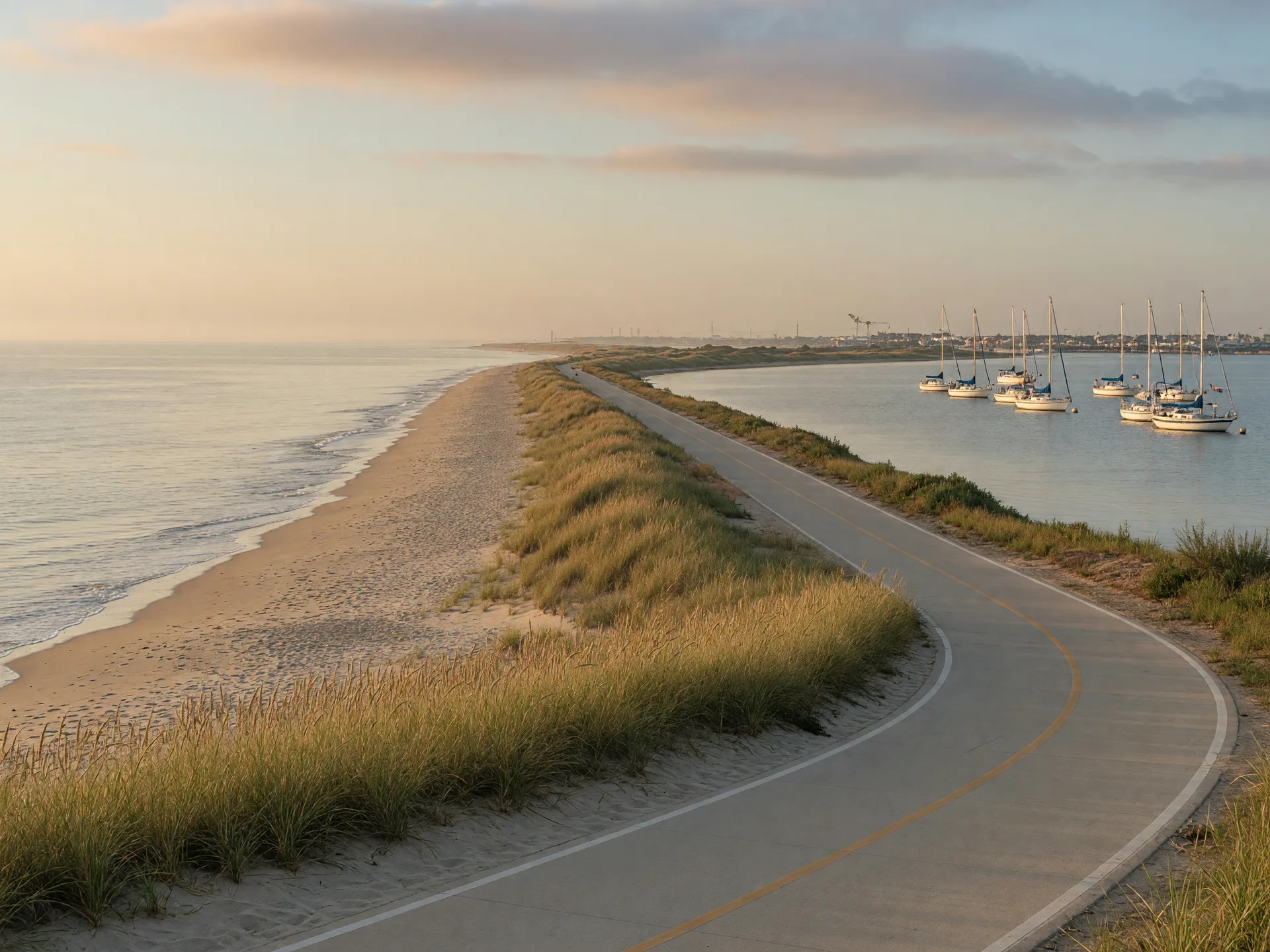 The Imperial Beach shoreline with the Bayshore Bikeway running beside dune grass past the wide sandy beach, sailboats on the bay in the distance