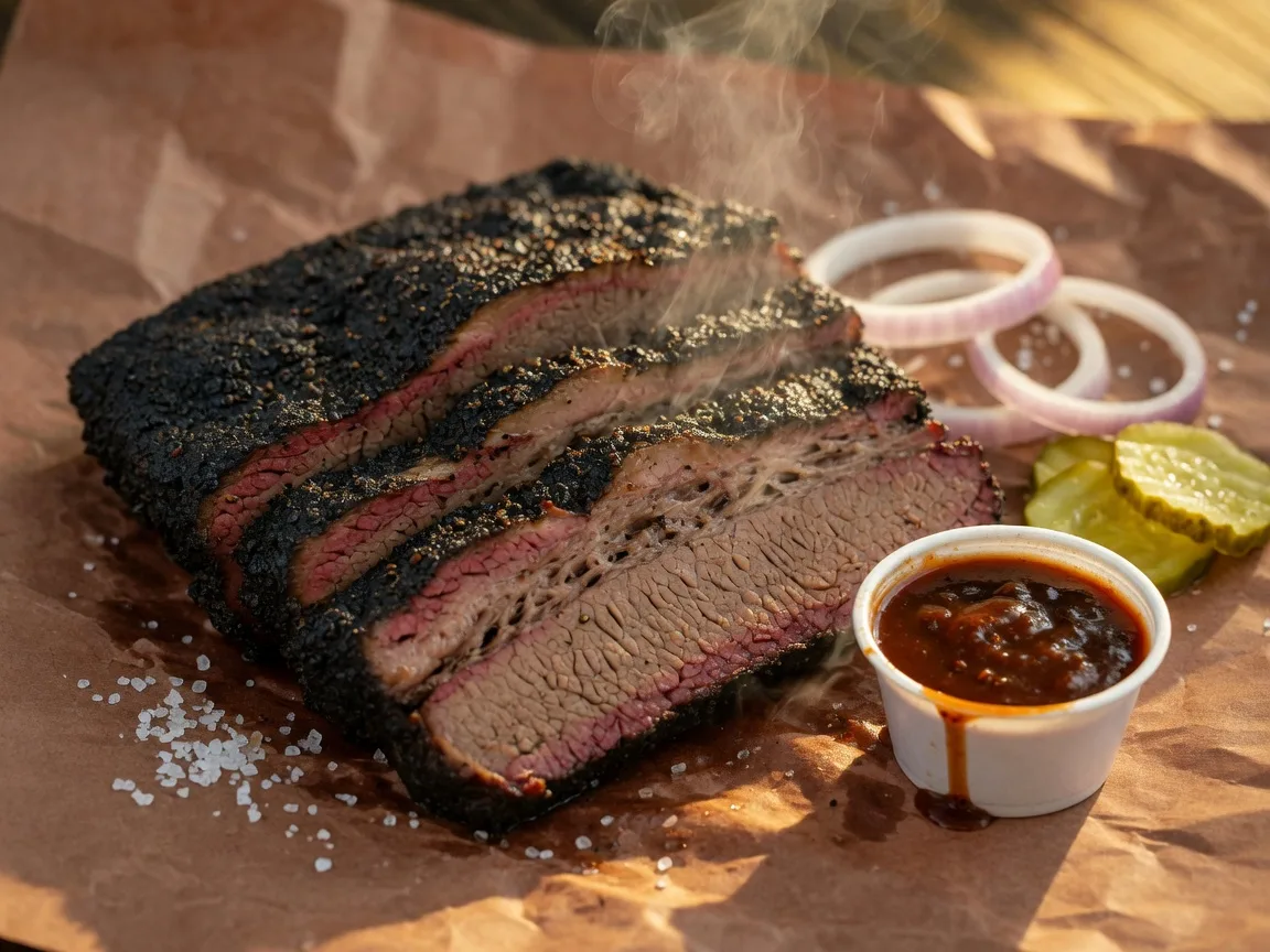 Thick slices of Central Texas-style smoked brisket with dark crusty bark and a rosy smoke ring on butcher paper at Moonie's Texas BBQ