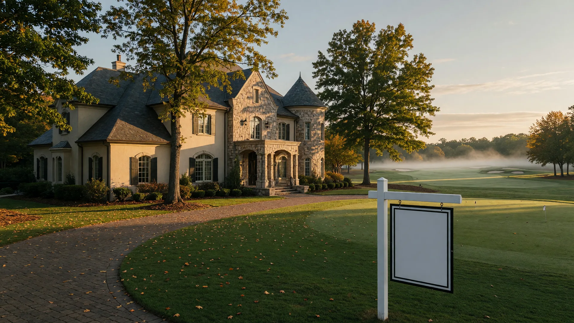Luxury stone and stucco estate in an upscale Georgia golf course community in early fall with turning golden leaves and a For Sale sign