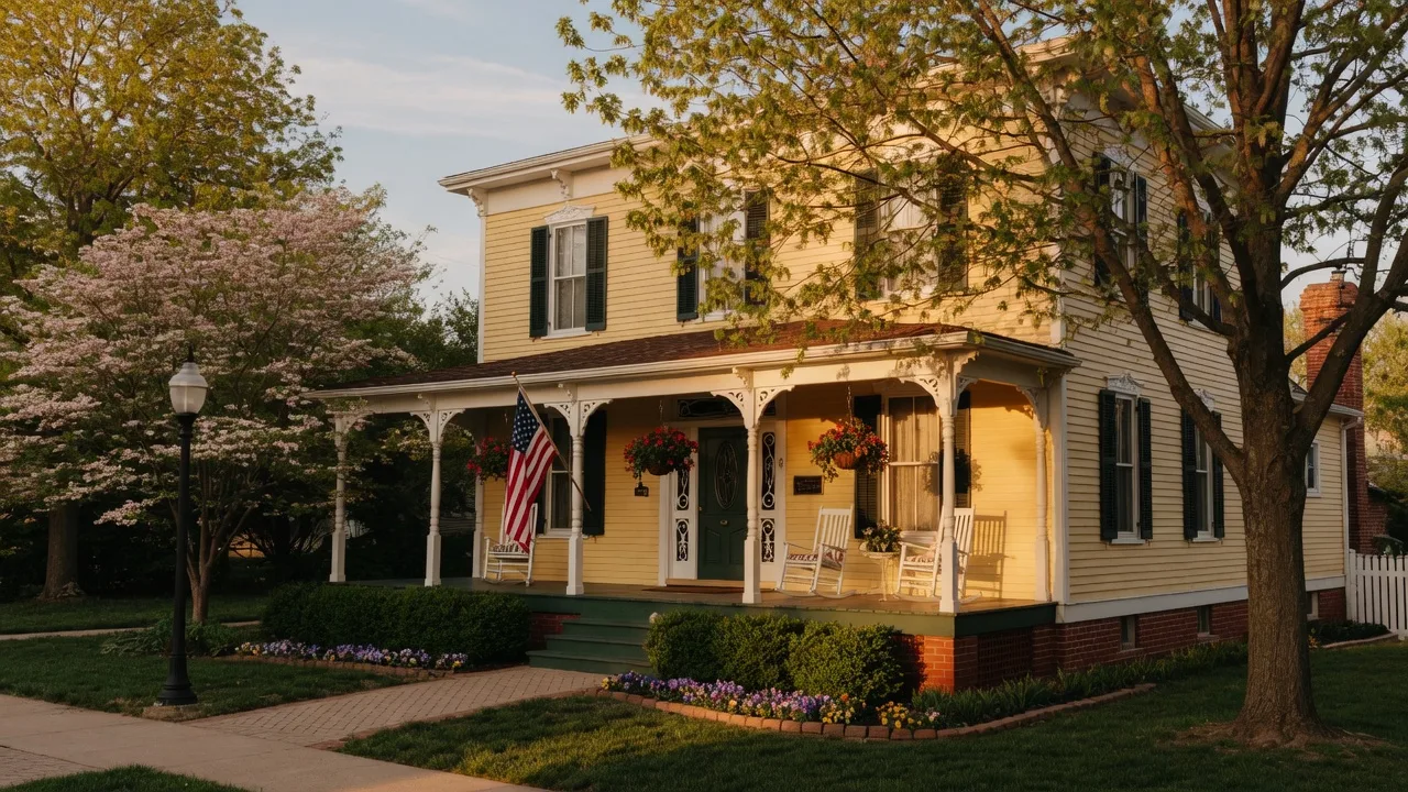 A charming historic home in Independence, Missouri with mature trees and a welcoming front porch in warm sunlight