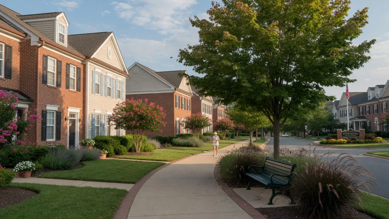 Elegant 55+ active adult community in Fairfax County, Northern Virginia with brick townhomes, tree-lined sidewalks, and manicured landscaping on a bright morning