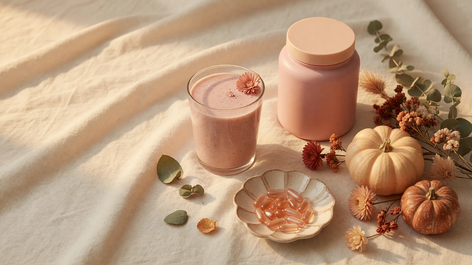 A soft flat-lay of a blush pink smoothie, a supplement canister, capsules, mini pumpkins, and dried autumn flowers on cream linen in golden light