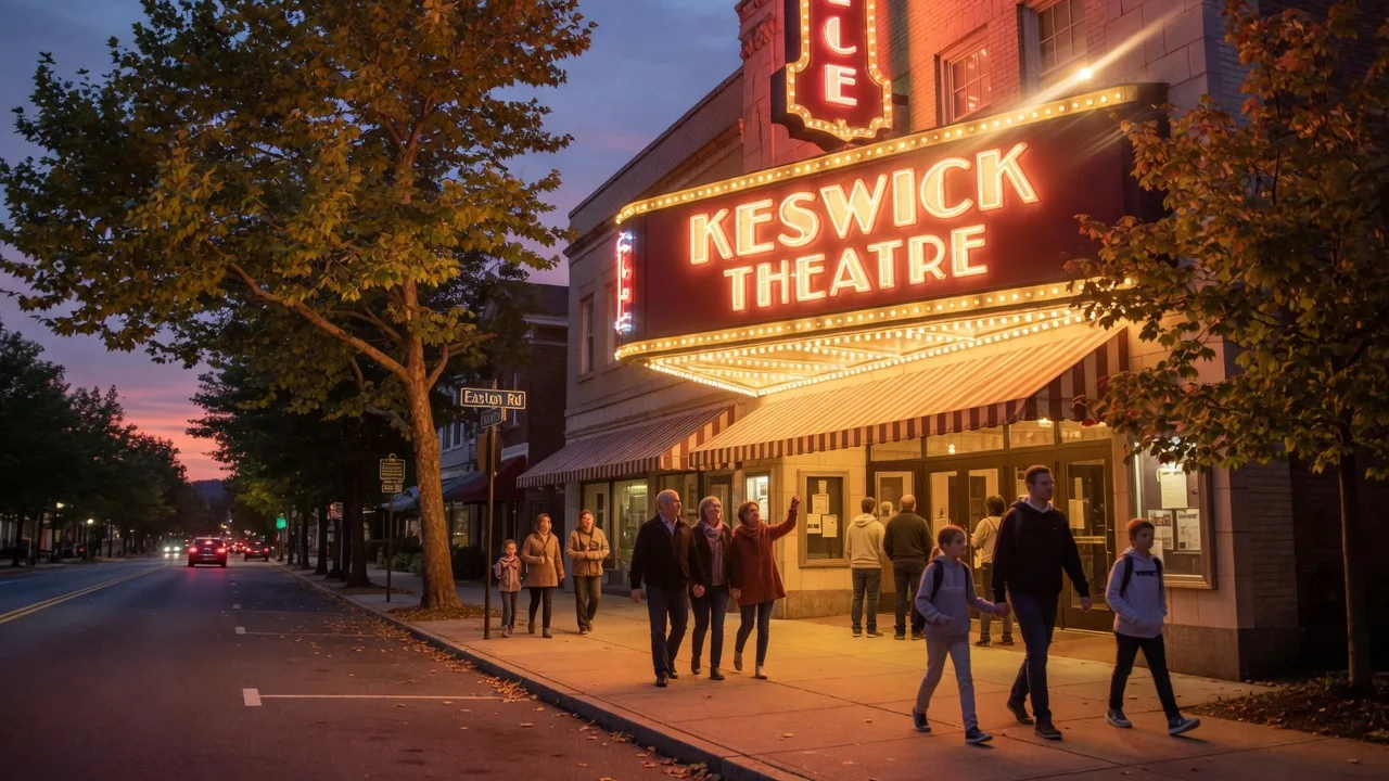 The historic Keswick Theatre in Glenside at night with its marquee lit bright and people walking beneath the canopy toward the entrance, early autumn foliage framing the scene