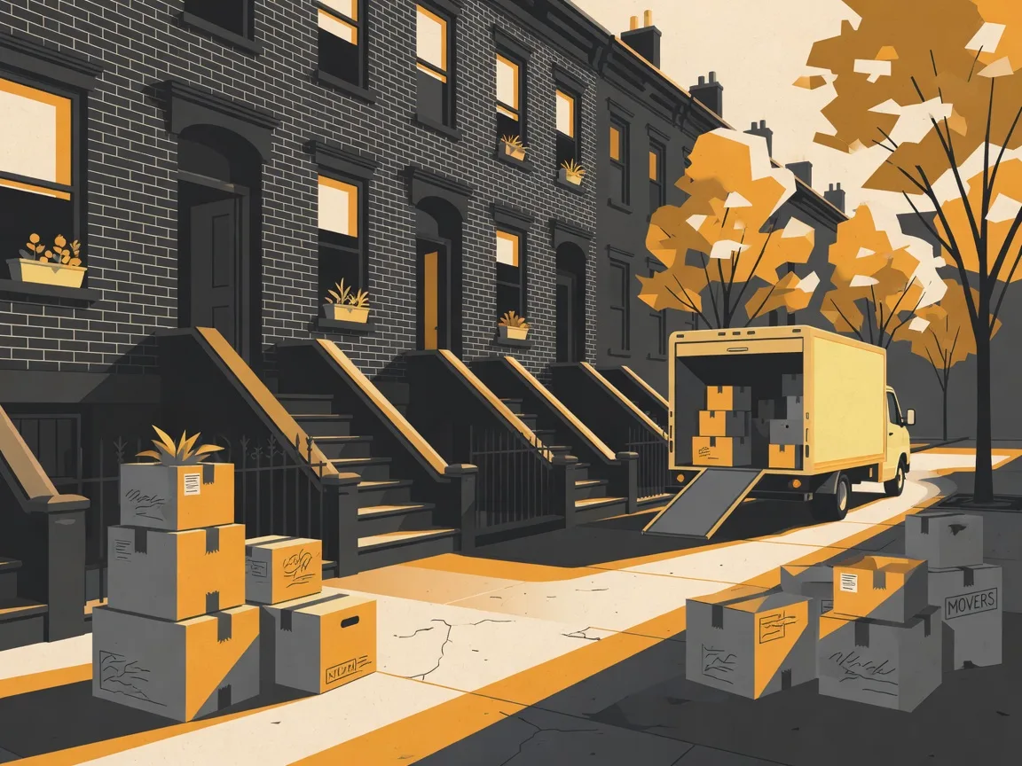 Editorial illustration of moving boxes on a sidewalk in front of brick rowhouses