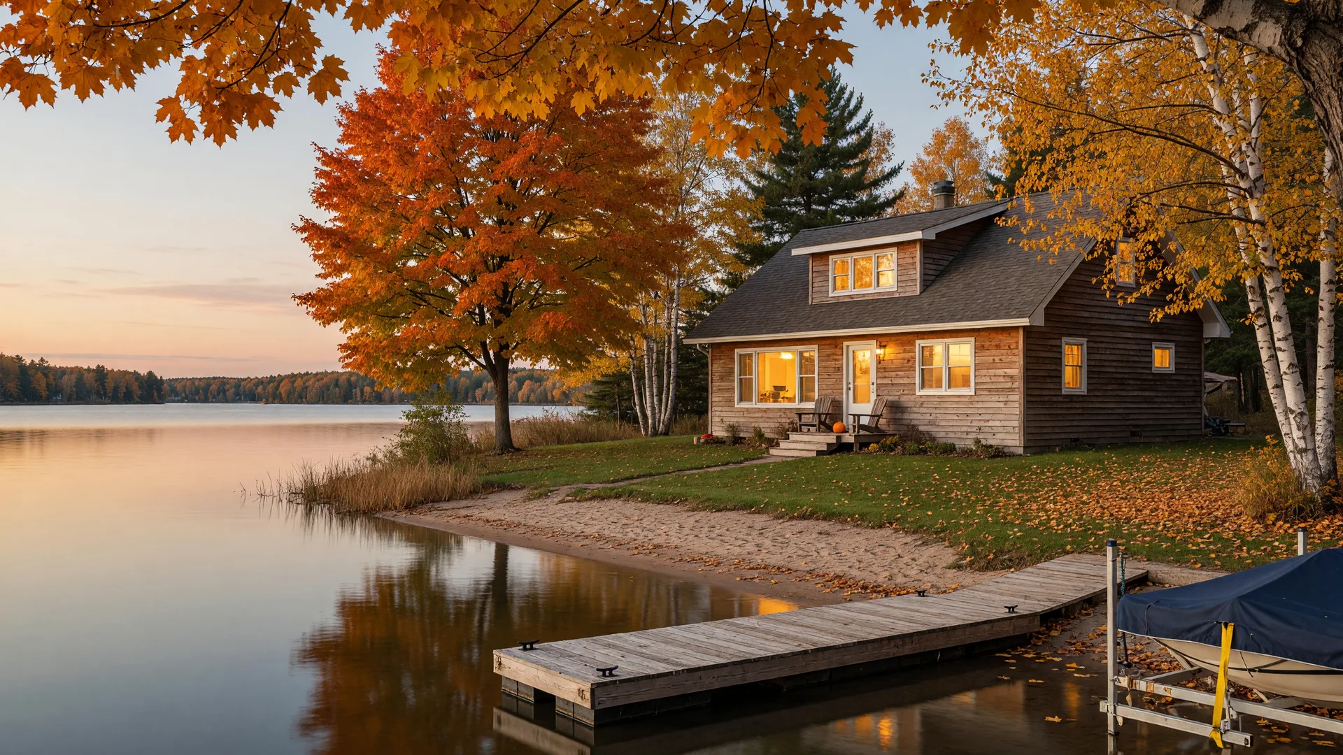 A well-kept cedar lake home on a Minnesota lakeshore in late October with warm golden window light, birch and maple fall color, and a dock and boat lift at the water's edge, staged for showings