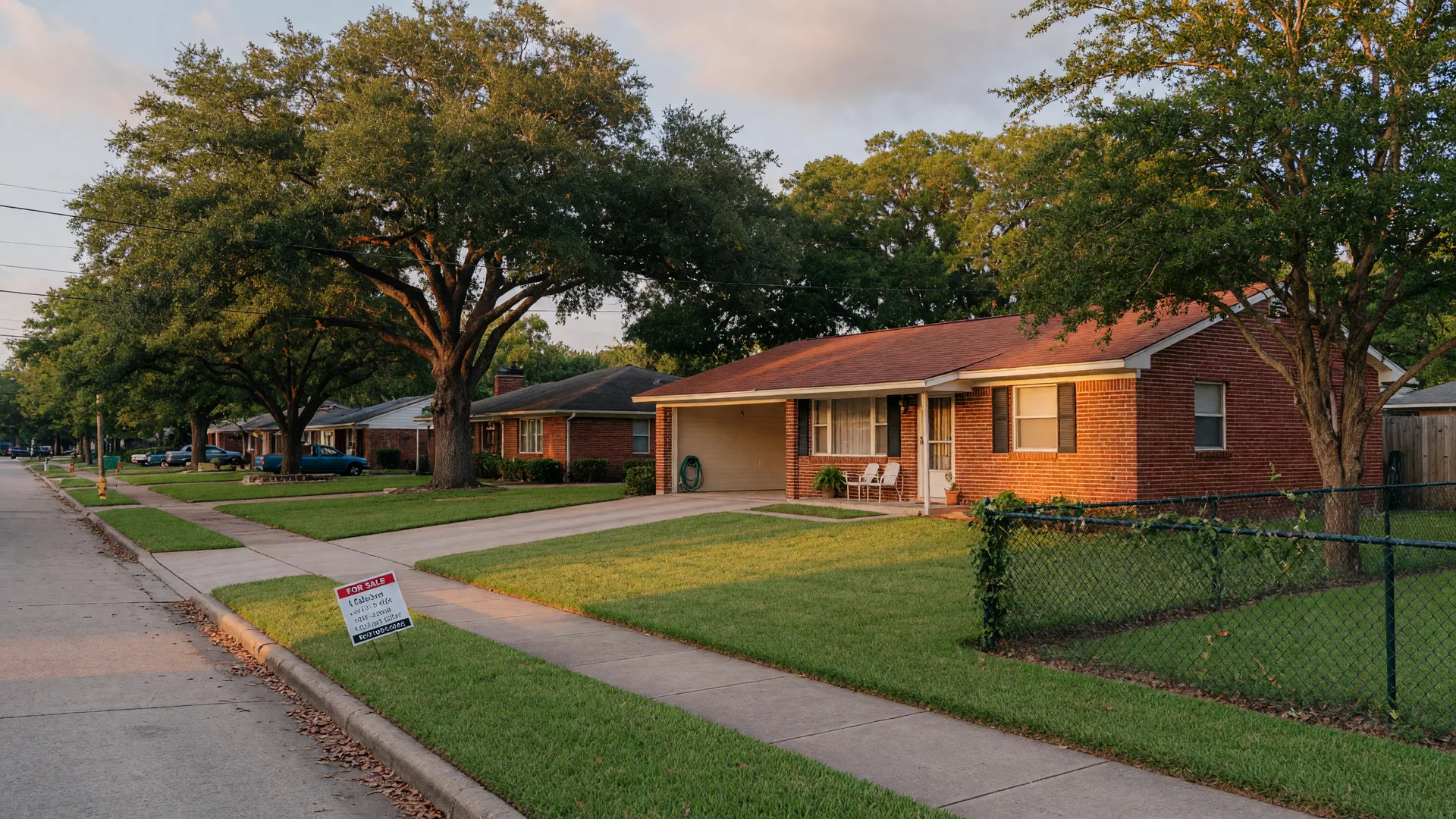 A well-kept single-story brick home on a tree-lined Northeast Houston street at golden hour, ready for sale