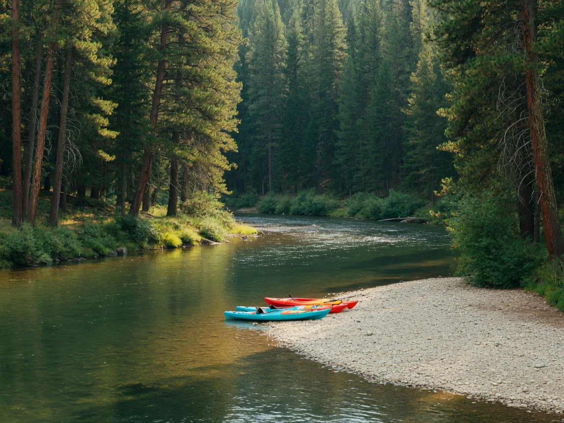 Two colorful kayaks resting on a gravel bar beside a calm high-desert river edged by pine forest