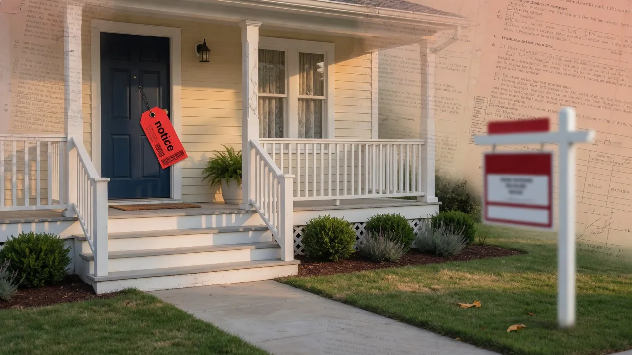 Residential home with a red notice tag on its door and a For Sale sign in the yard