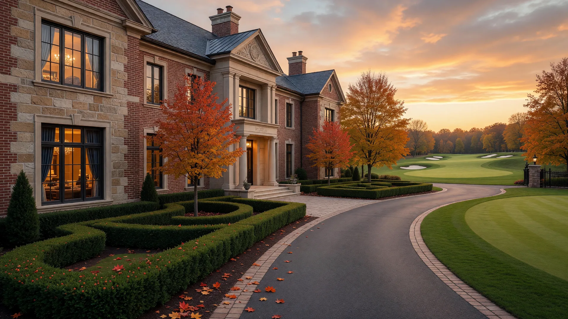 Luxury estate home on a golf course fairway at golden hour, representing the thriving upper track of the 2026 K-shaped housing market
