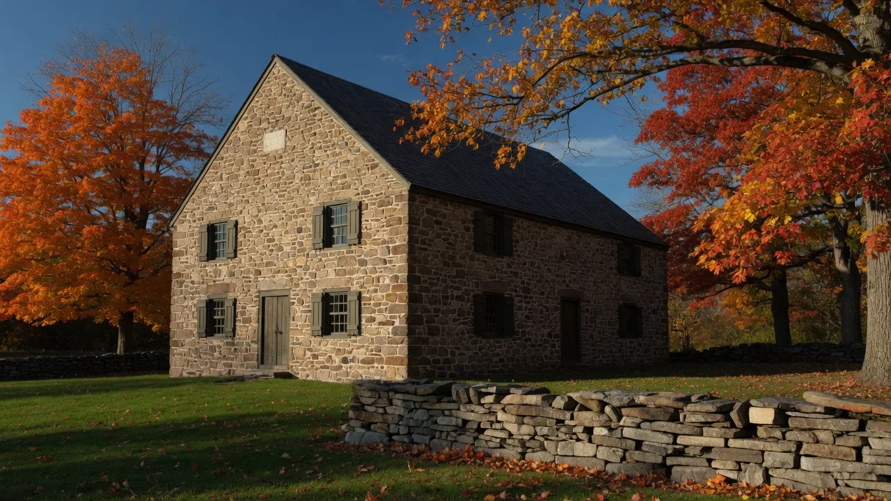 The historic Plymouth Friends Meeting House on a crisp autumn afternoon