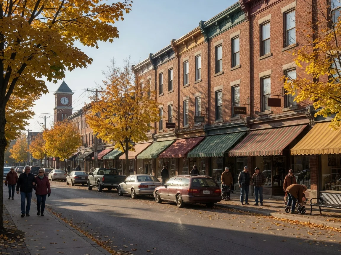 Main street of a small Ontario river town on a sunny late-October morning with heritage brick shopfronts, awnings, and maples in golden fall colour